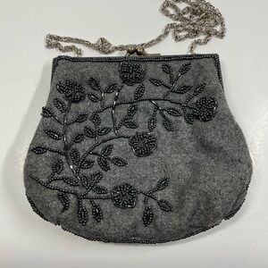 La Regale Gray Clutch with Black floral Bead Design small silver finish new